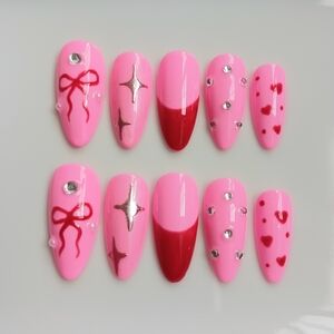 🎀 Pink and Red Handmade Gel Press on Nail Art Set 10pcs with Rhinestones🎀